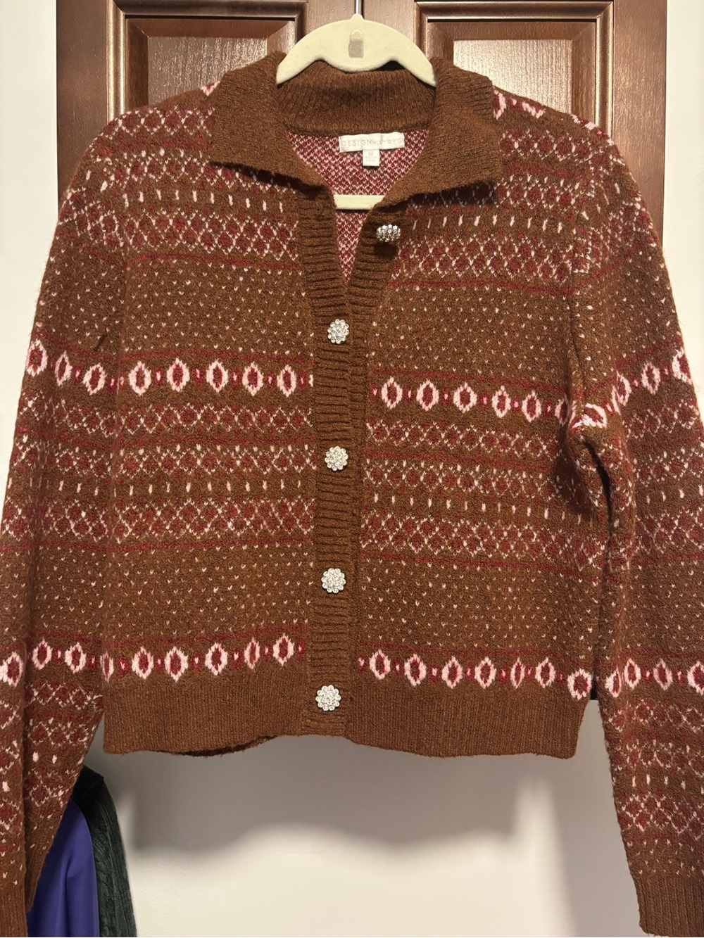 Anthropology Design History Brown Knit Cardigan with Cream Pattern - Picture 6 of 10